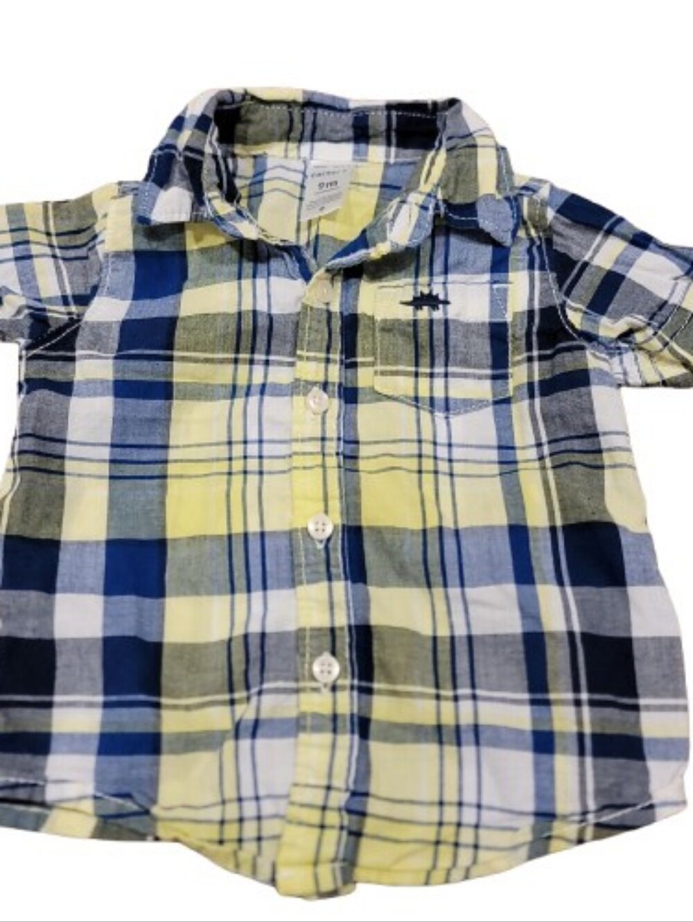 Carters Button Up Dress Shirt Infant Boys Size 9M Blue Plaid Short Sleeve Collar